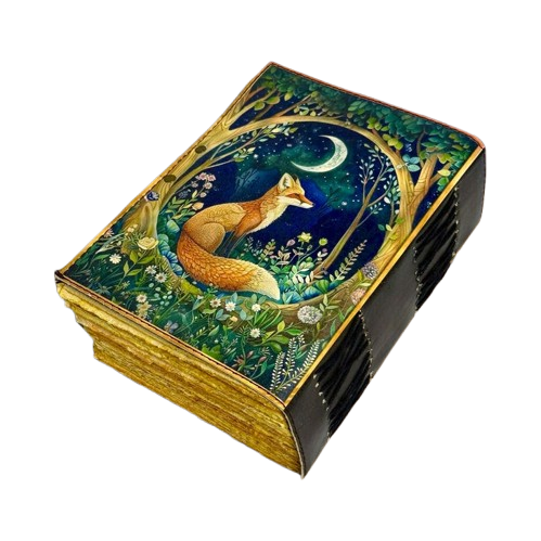 Handmade Leather Journal with Fox & Moon Artwork – 5x7 Inch Vintage Notebook with 200 Deckle Paper Pages, Antique Clasp, Woodland Writing Diary