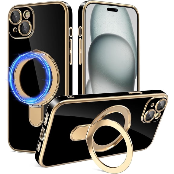 for iPhone 15 Plus Case with Magnetic Ring Stand, [Compatible with MagSafe] [Full Camera Lens Protection] Luxury Plating Slim Soft Flexible Cover 15 Plus Phone Cases for Women Men Black