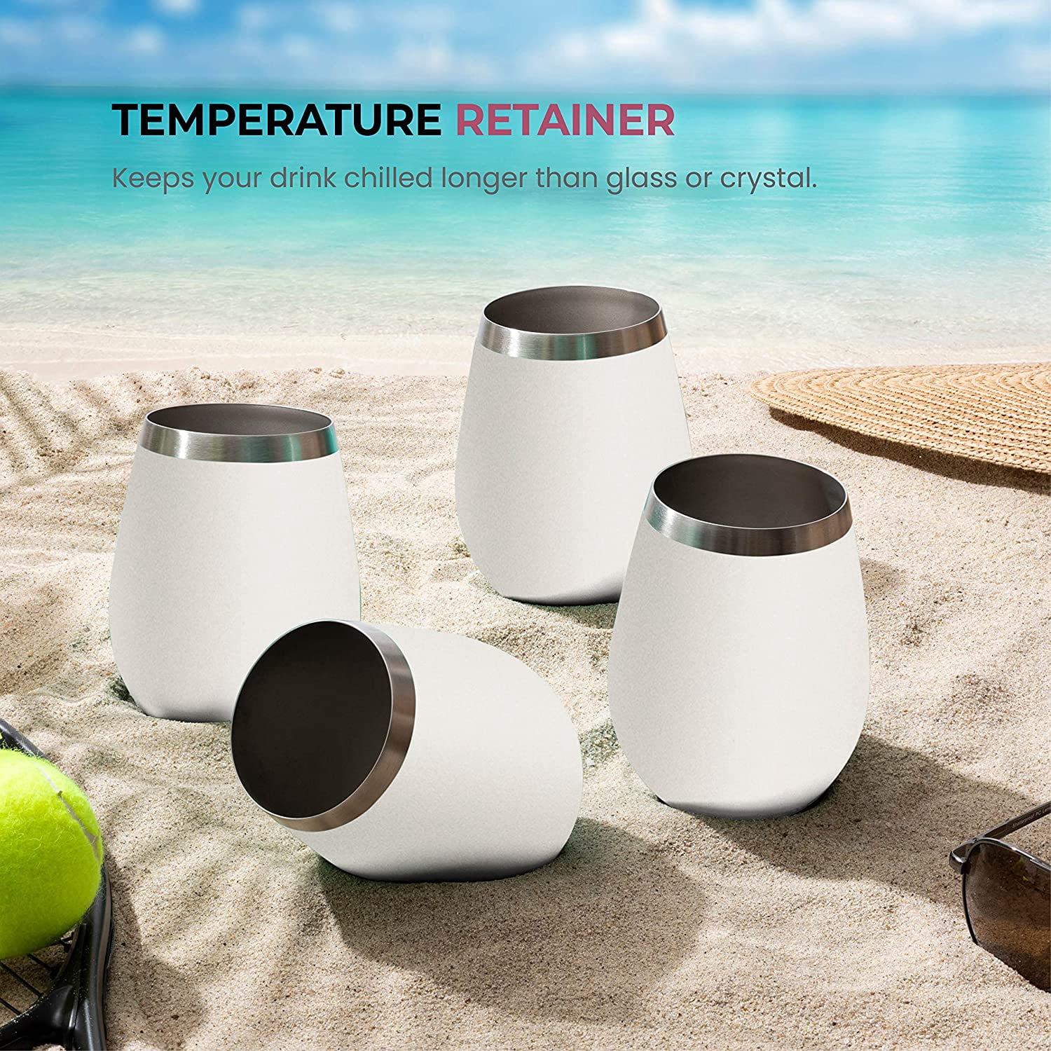 Stainless Steel Unbreakable Wine Glasses - 18 Ounce Set of 4 Wine glasses. Premium Grade 18/8 Stainless Steel Red & White Stemless Wine Glasses set, (Pure Pearly White)