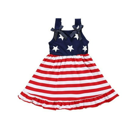 

Aunavey Toddler Kids Baby Girls 4th of July Outfit American Flag Dress Stars Striped Straps Princess Beach Sundress