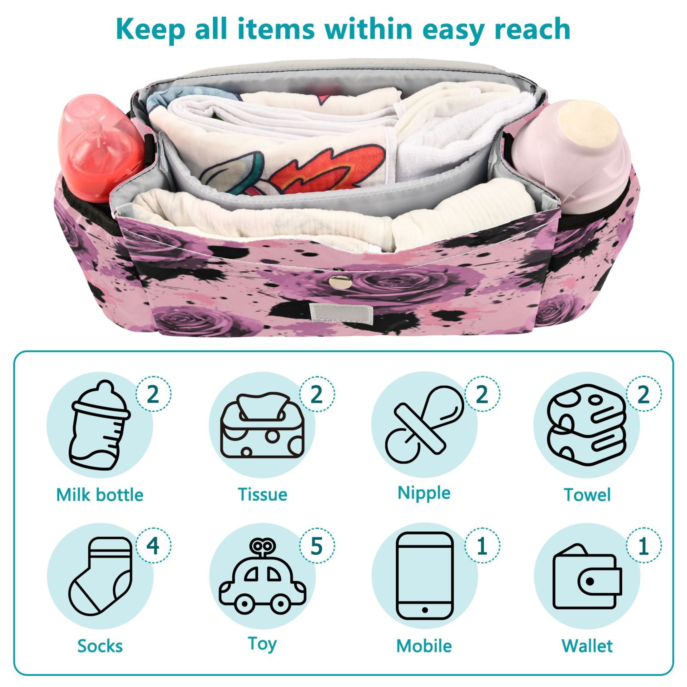 DIXRUYEE Stroller Organizer Blooming Roses Printed