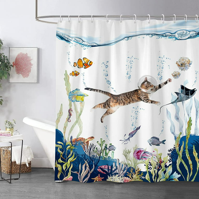 Coxila Funny Cat Shower Curtain Kids Animal Nautical Fun Fish Ocean Theme  Beach Coastal Sea Turtle Blue Underwater Bathroom Decor Polyester Fabric