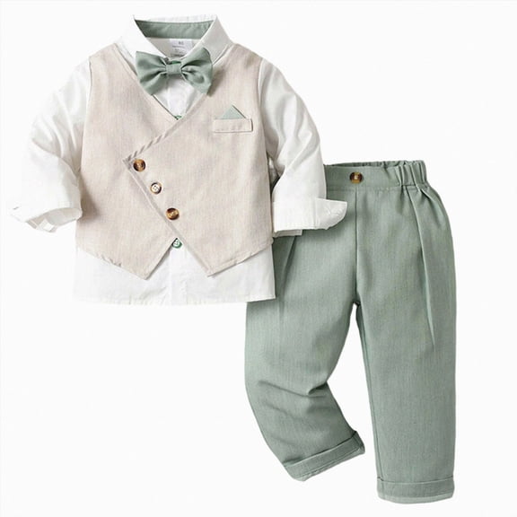 mgoYE Baby Boy Suit Toddler Formal Outfit Kids 3 Piece Vest Gentleman Clothes Long Sleeve Shirt and Pants Set(Light Green,1-2 Years)
