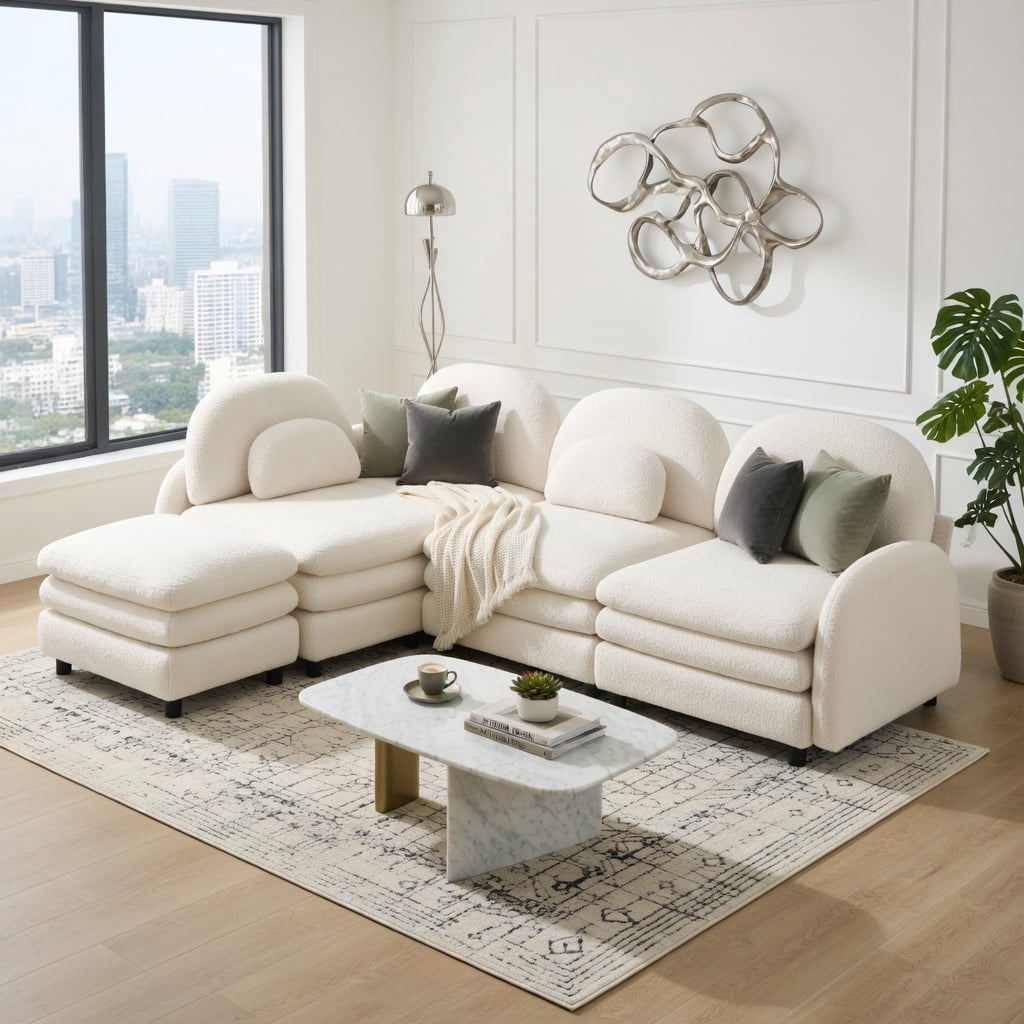 Hommoo Teddy Fleece 4-Seat Modular Sectional Sofa with Curved Backrest, Cloud-Like Double-Layer Cushions & 2 Movable Ottomans, Beige