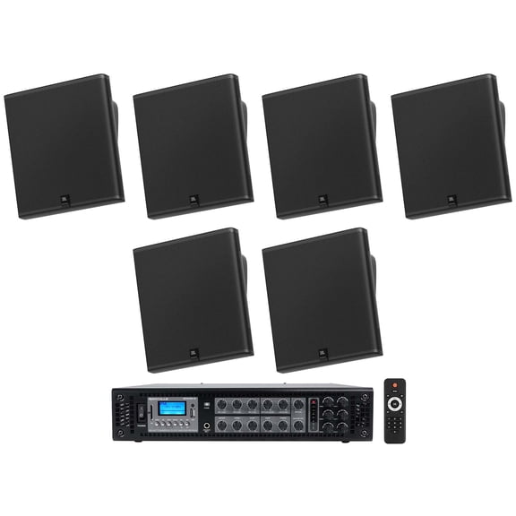 6) JBL SLP14/T-BK Sleek Low-Profile On Wall Mount 4" 70v Commercial Speakers Amp
