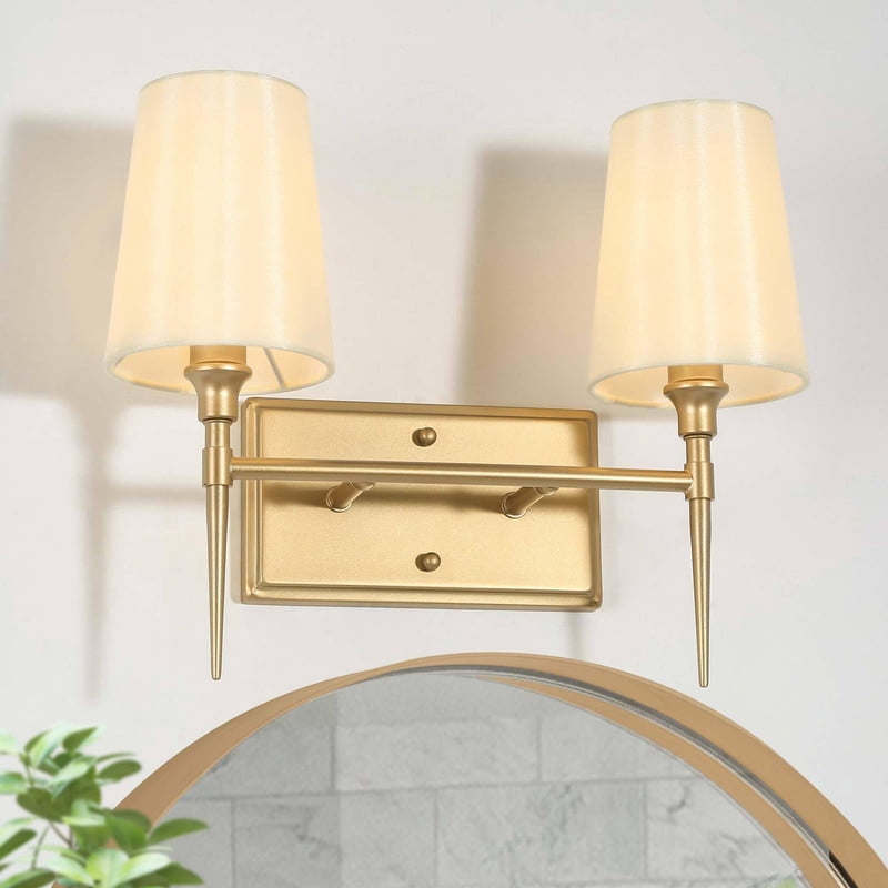 LNC 2-Light Gold and White Fabric Modern/Contemporary Bathroom Vanity Light Bar