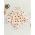 thumbnail image 4 of Wassery Infant Newborn Baby Girl Clothes Halloween Outfits Pumpkin Print Jumpsuit Long Sleeve Cotton Linen Romper + Bow Headband 0-24 Months, 4 of 9