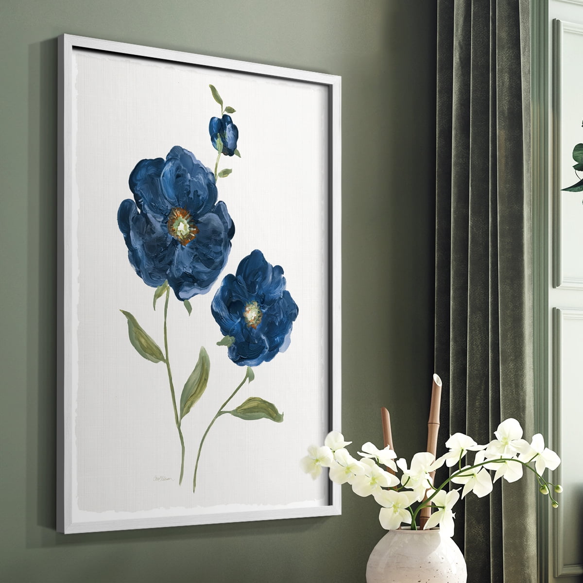 Blue Poppies Framed Print in White Solid Wood Framed Print No Nail Hanging