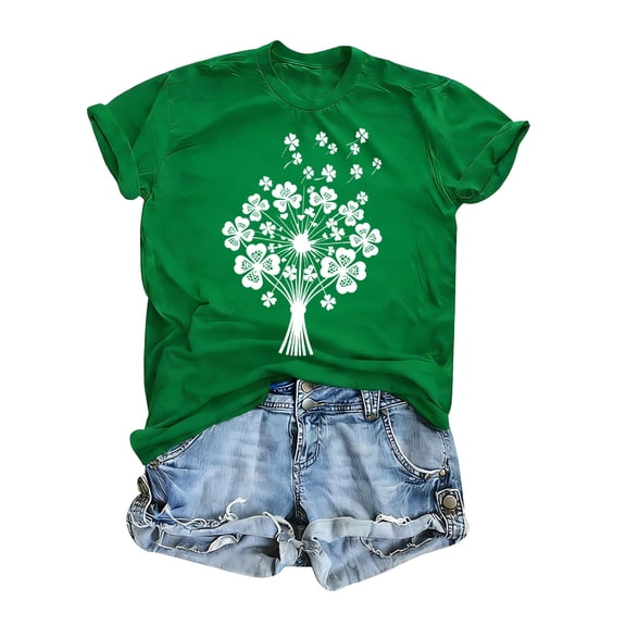 LEKWK Womens St Patricks Day Shirt Heart Clover Sketch Graphic Tees Short Sleeve Summer Tops Round Neck Scalloped Edge Print Holiday Wear