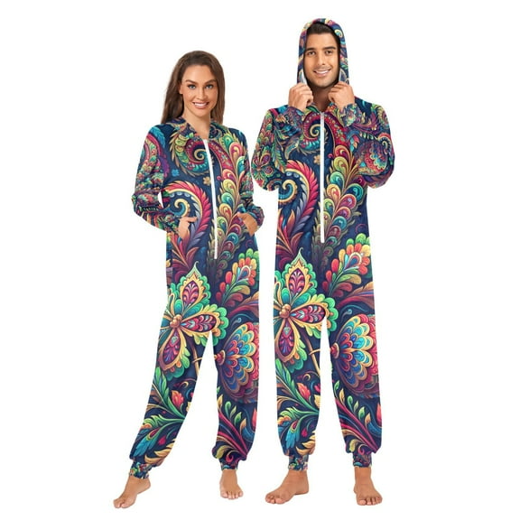 Paisley Flowers Leaves Adult Onesie Pajamas Slim Fit Christmas One Piece Suit Pjs for Women and Men Hooded Zipper