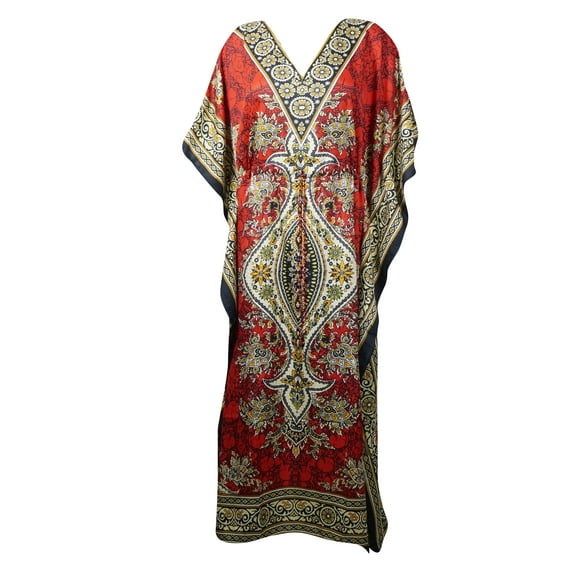 Mogul Women Red Long Caftan Floral Print Boho Dress Vintage Maxi Cover Up Kaftan
