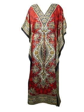 Mogul Women Red Long Caftan Floral Print Boho Dress Vintage Maxi Cover Up Kaftan
