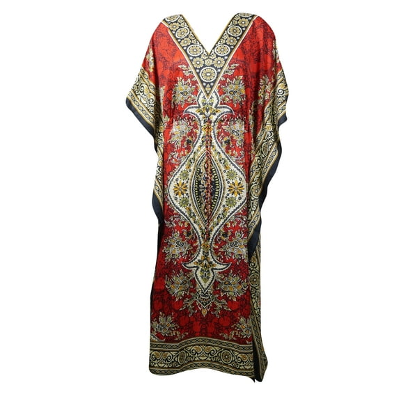 Mogul Women Red Long Caftan Floral Print Boho Dress Vintage Maxi Cover Up Kaftan