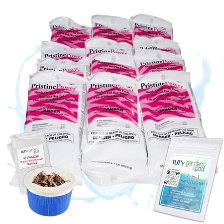 PristinePower 12 lb Non-Chlorine Shock for Pools & Spas Clears Water & Organic Matter Includes My Garden Pool 2 Scum Socks, 7-in-1 Test Strip & Pool-IQ AI Assistant