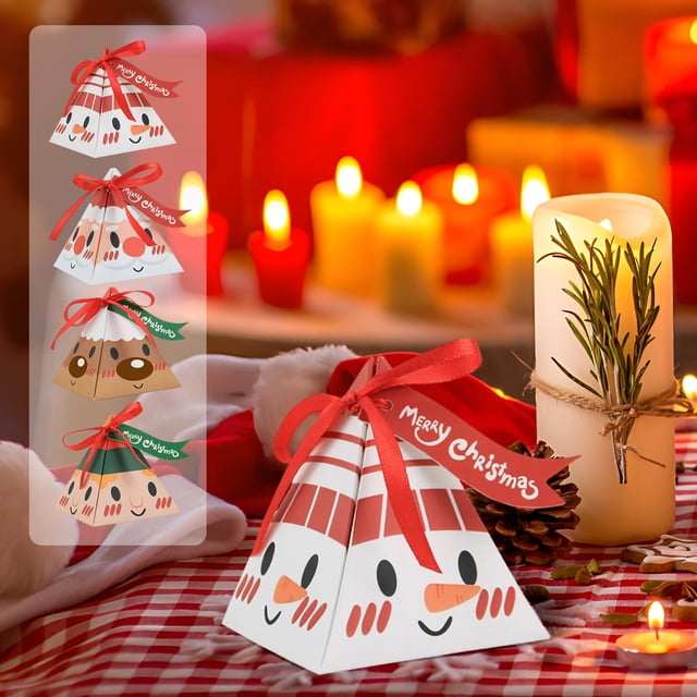 Cajas de Regalo Navideñas Triangulares de Papel para Dulces con La Cara Grande de Papá Noel | Tema Festivo | Fácil de Armar | 50 Cajas de Dulces Navideñas
