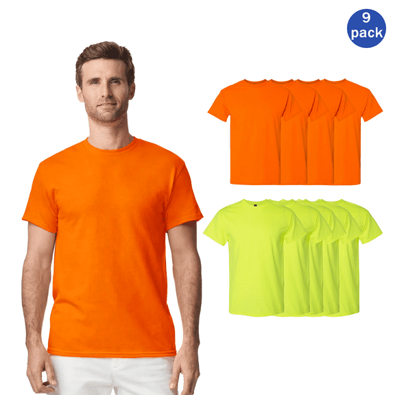 Gildan Hi Vis Workwear T-Shirt, Men Short Sleeve High Visibility Safety Green and Orange Tee, S, 9 Pack