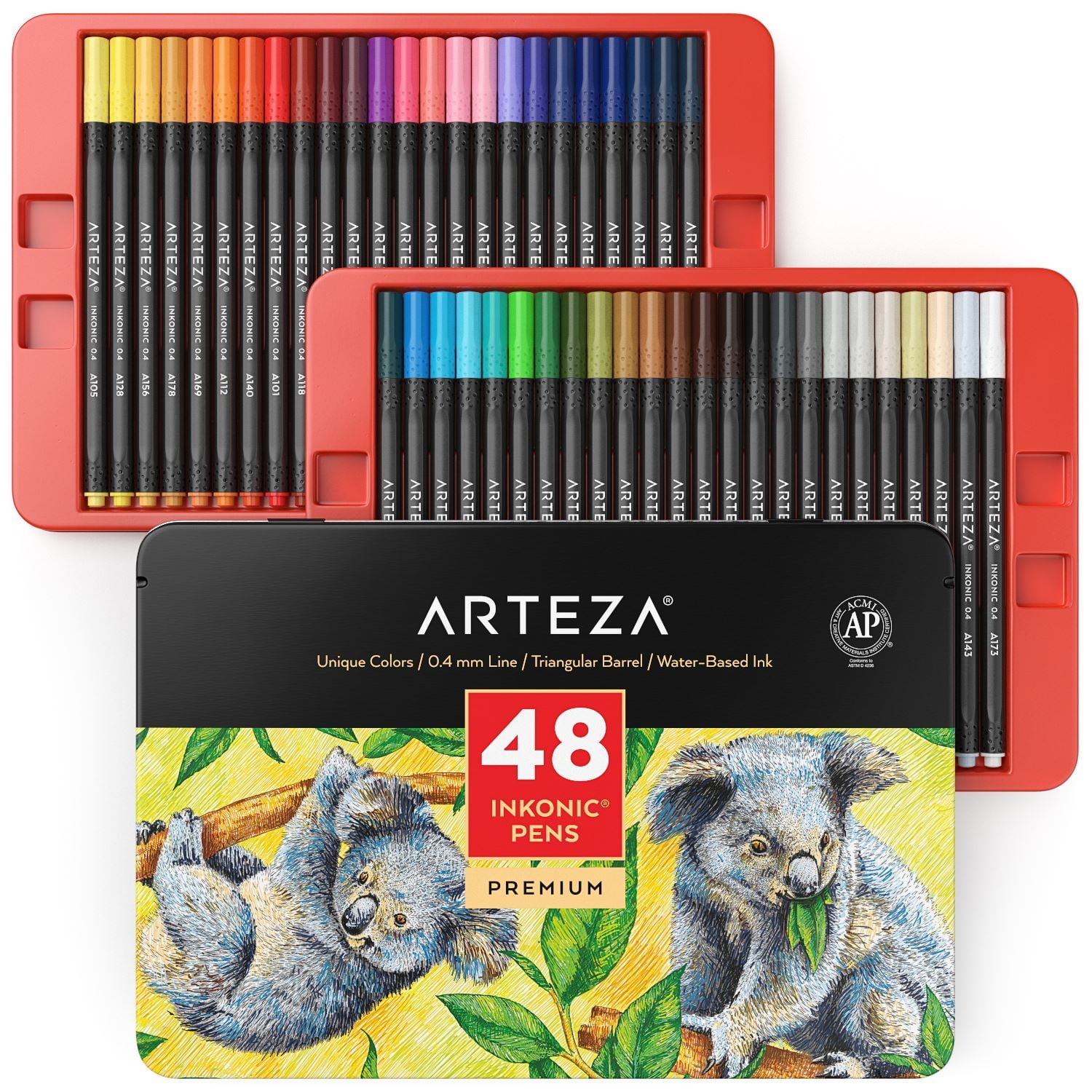 Arteza Fineliner Colored Pens Set, Inkonic, Fine Line, 0.4mm Tips, Assorted Colors - 48 Pack