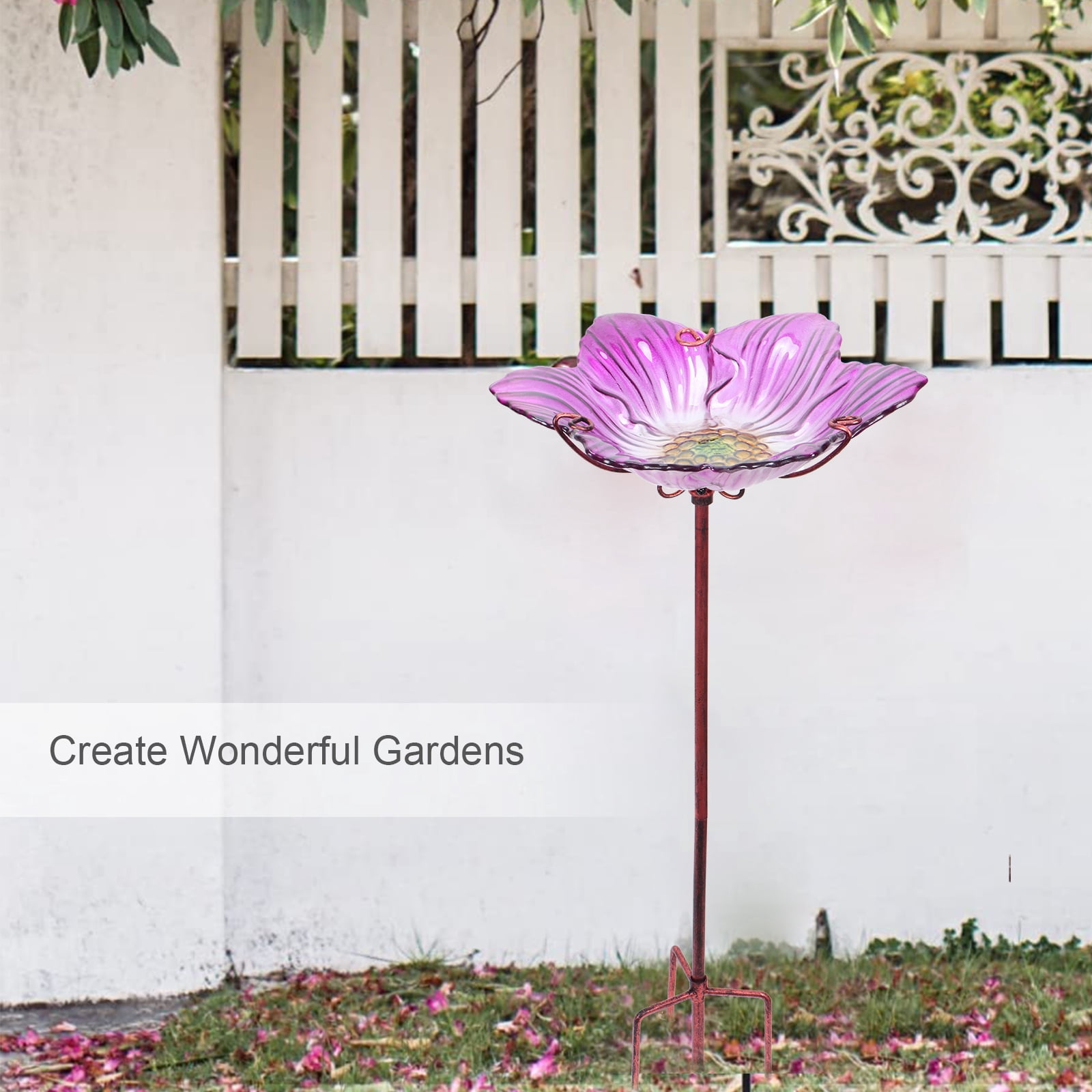 Glass Bird Bath, Outdoor Bird Feeders with Metal Stake, Pink Bird Bowls For Garden Yard Lawn
