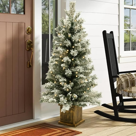 LuxenHome 4FT Potted Flocked Christmas Tree, Small Christmas Tree Prelit with 35 Warm White LED Lights, Lighted Pencil Artificial Christmas Trees with Square Planter Pot for Indoor, Outdoor