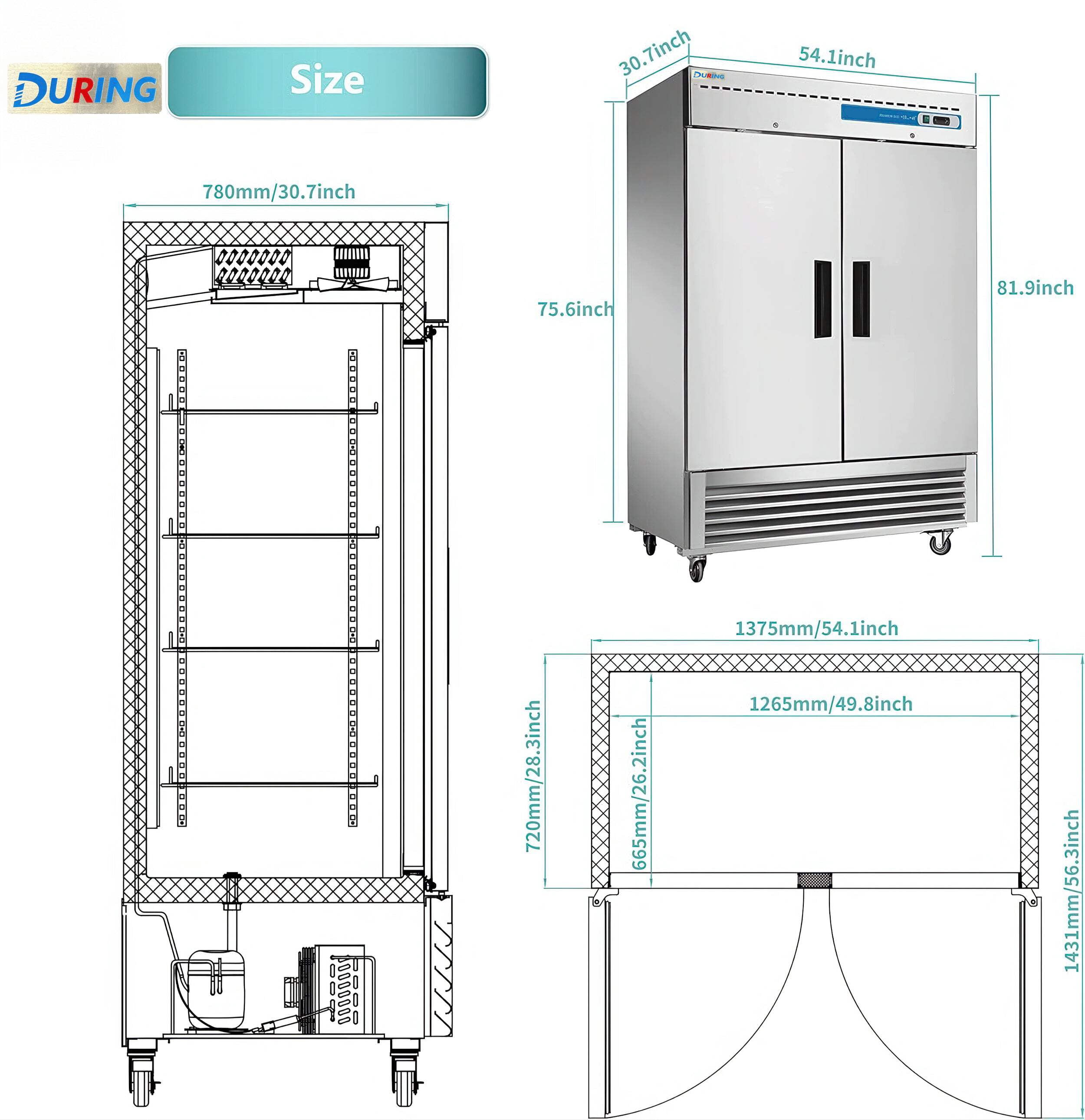DURING D-KR-54B 54" Commercial Refrigerator, 49 Cu.ft 2-Door Upright Cooler