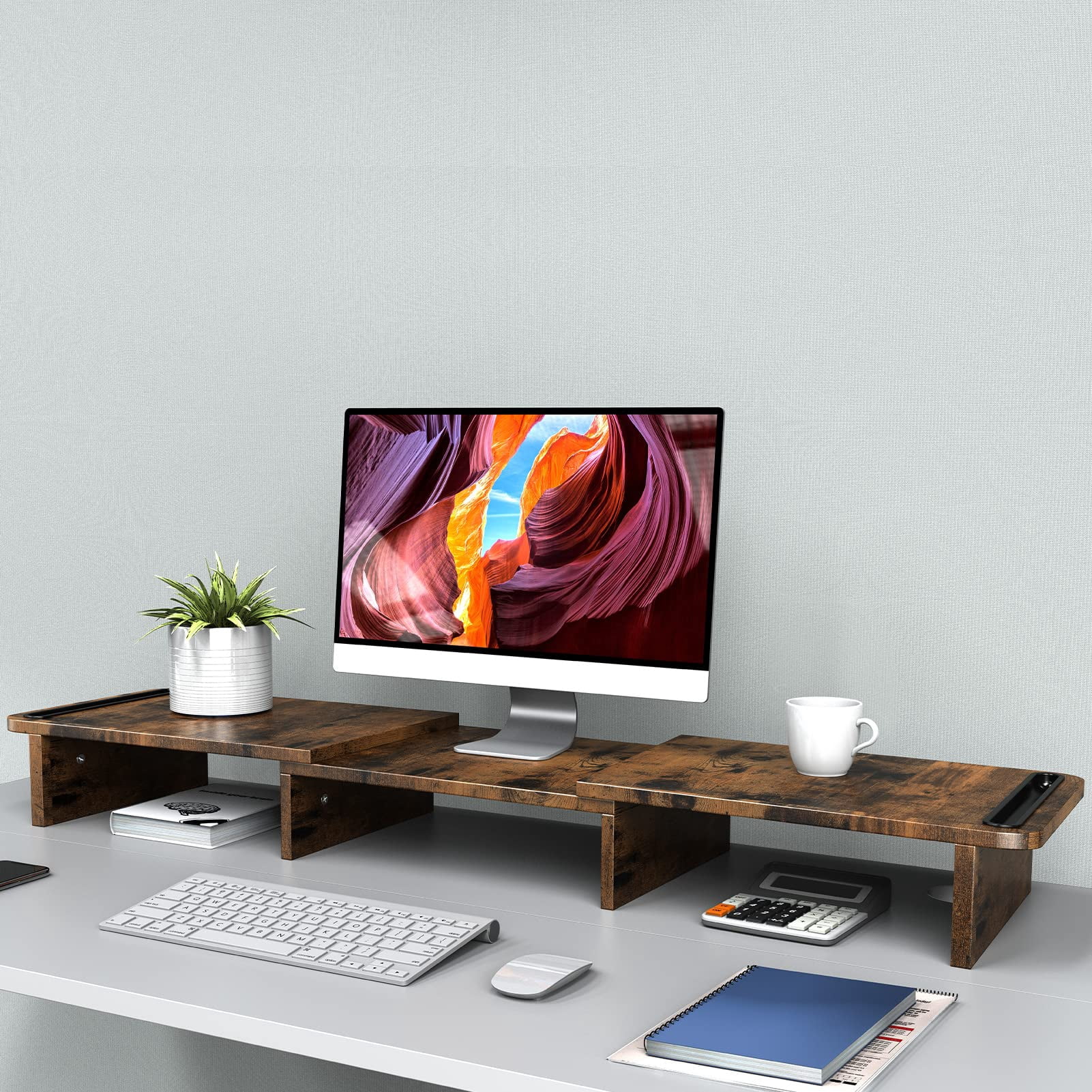 Dual Monitor Stand Riser  With Adjustable Length And Angle Wood For Desk 2 Monitors Storage Space(rust Brown Large)
