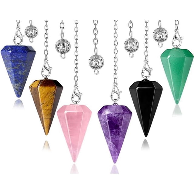 DUQGUHO 6 Pcs Pendulum Crystal Set Natural Healing Crystal Amethyst Rose Quartz Assorted Color for Divination Dowsing Reiki Energy Balance Gemstone Pendants Witchcraft Accessories