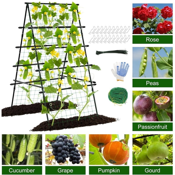 EAYSG 6FT Cucumber Trellis for Raised Bed, A Frame Garden Trellis for Climbing Plants Outdoor, Metal Plant Support with Net for Vegetables , Flowers, Vines