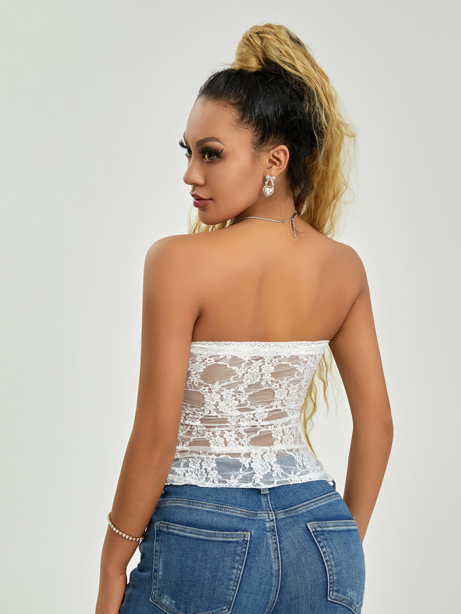WIFORNT Women's Ruched Tube Tops, Strapless Lace Patchwork 3D