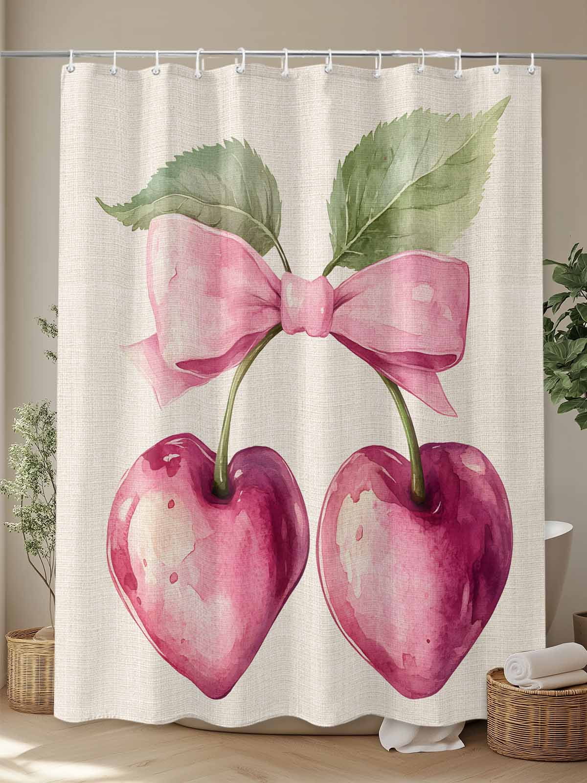 Cherry Fruit Extra Long Shower Curtain Set, Waterproof Shower Curtains for Bathroom, Spring Botanicals Bow Idyllic Country Leaf Washable Fabric Cloth Bath Curtain for Bathtub with Hooks 72x96 Inches