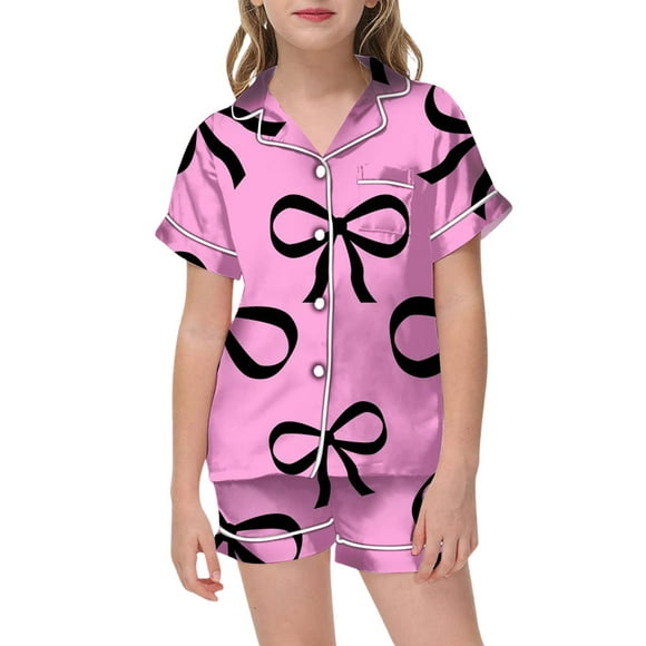 Luvoko Toddler Girls Bow Tie Printed Lapel Short Sleeve Top Comfortable Shorts Pajamas Set Cute Buttons Designed Comfortable Breathable Home Wear Cute Baby Things Cute Outfits for Toddler Girls Baby