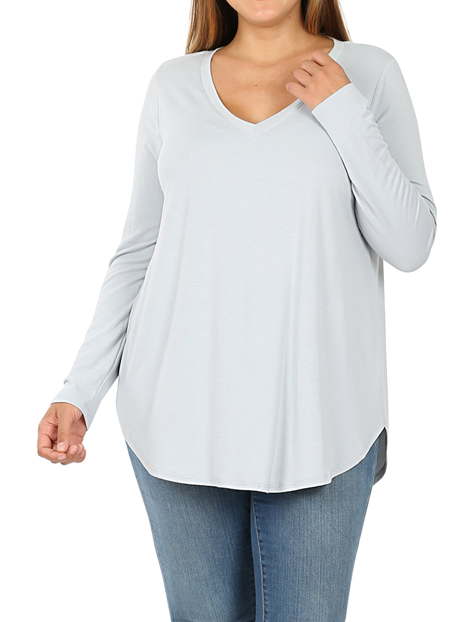 Zenana Women & Plus Relaxed Fit Long Sleeve VNeck Round Hem Jersey Tee