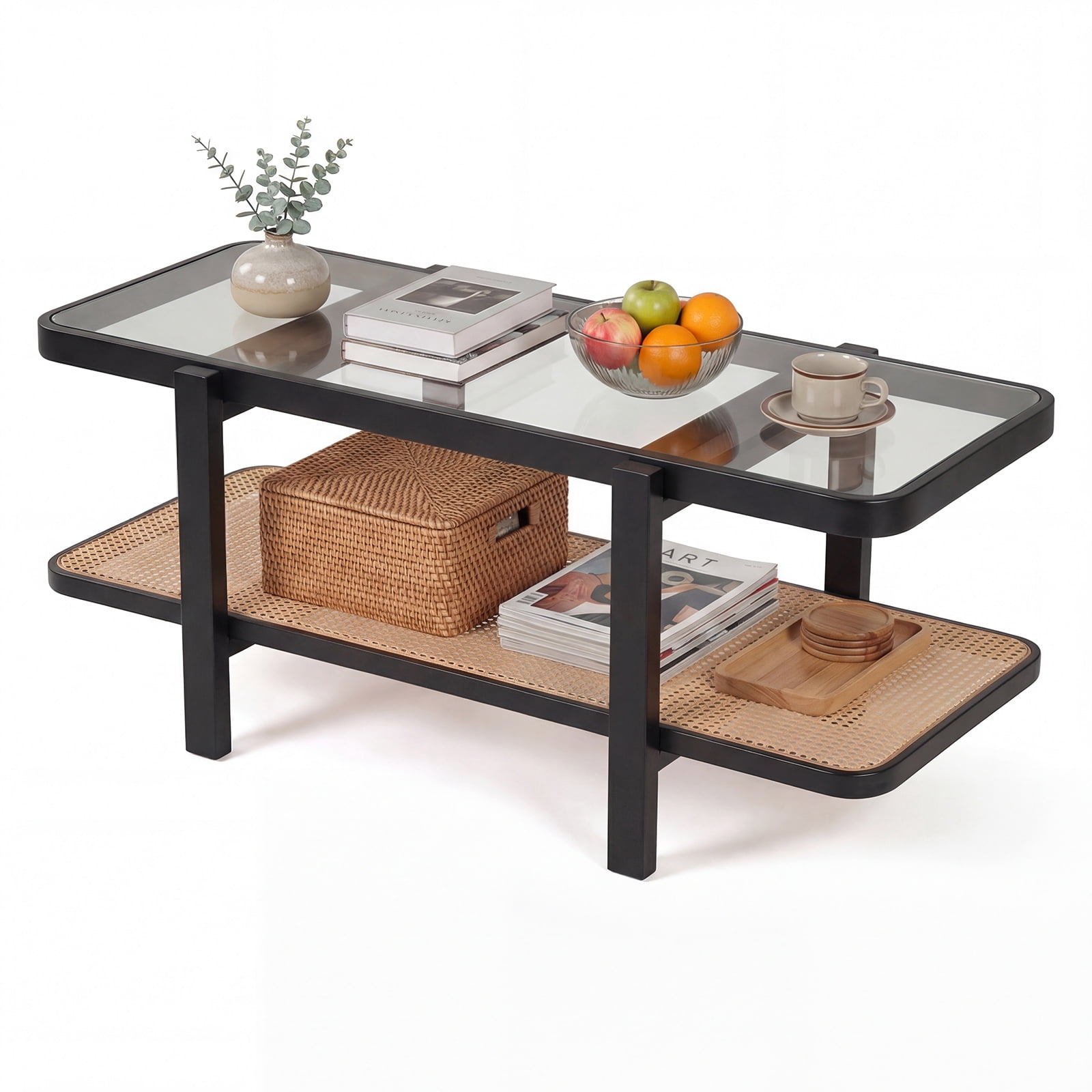 Costway 2-Tier Coffee Table with Storage, Tempered Glass Top, PE Rattan Shelf & Wood Frame Black & Natural