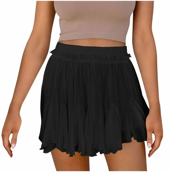 Arnsht Women's Flowy Shorts Casual Linen Boho Ruffle Mini Skirts Pleated High Waist Cute Butterfly Skorts with Pockets Summer Trendy Black M