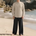 thumbnail image 2 of Eryao Big and Tall Two Piece Set Men Outfits Casual Long Sleeve Round Neck Tops and Drawstring Pants with Pockets Summer Vacation Beach Lounge Linen Sets,Khaki,XL, 2 of 5