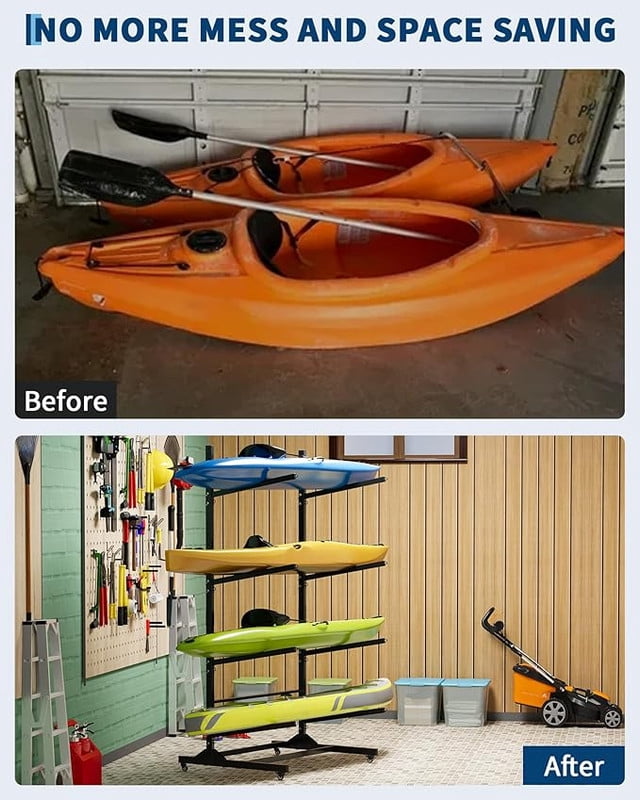 Kayak Storage Rack for 2-6 Kayaks Freestanding Kayak Rack for Outdoor Storage with Movable Wheels, Heavy-Duty Steel Kayak Hanger Holder with Hanging Straps