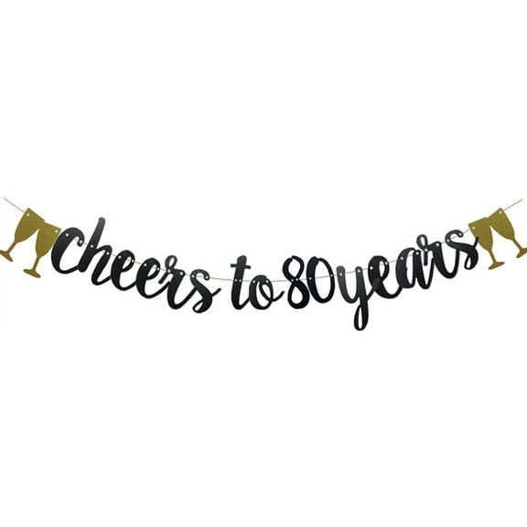 Cheers To 80 Years Banner,Pre-Strung, Black Paper Glitter Party Decorations For 80TH Wedding Anniversary 80 Years Old 80TH Birthday Party Supplies Letters Black