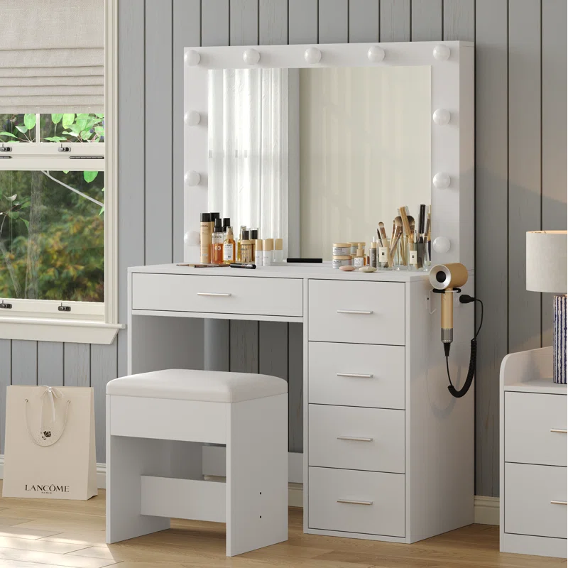 Vanity Desk With Power Outlet, Makeup Table With Lighted Mirror, 3-Color Adjustable Lighting, Drawers, Black Vanity Table Set For Women & Girls