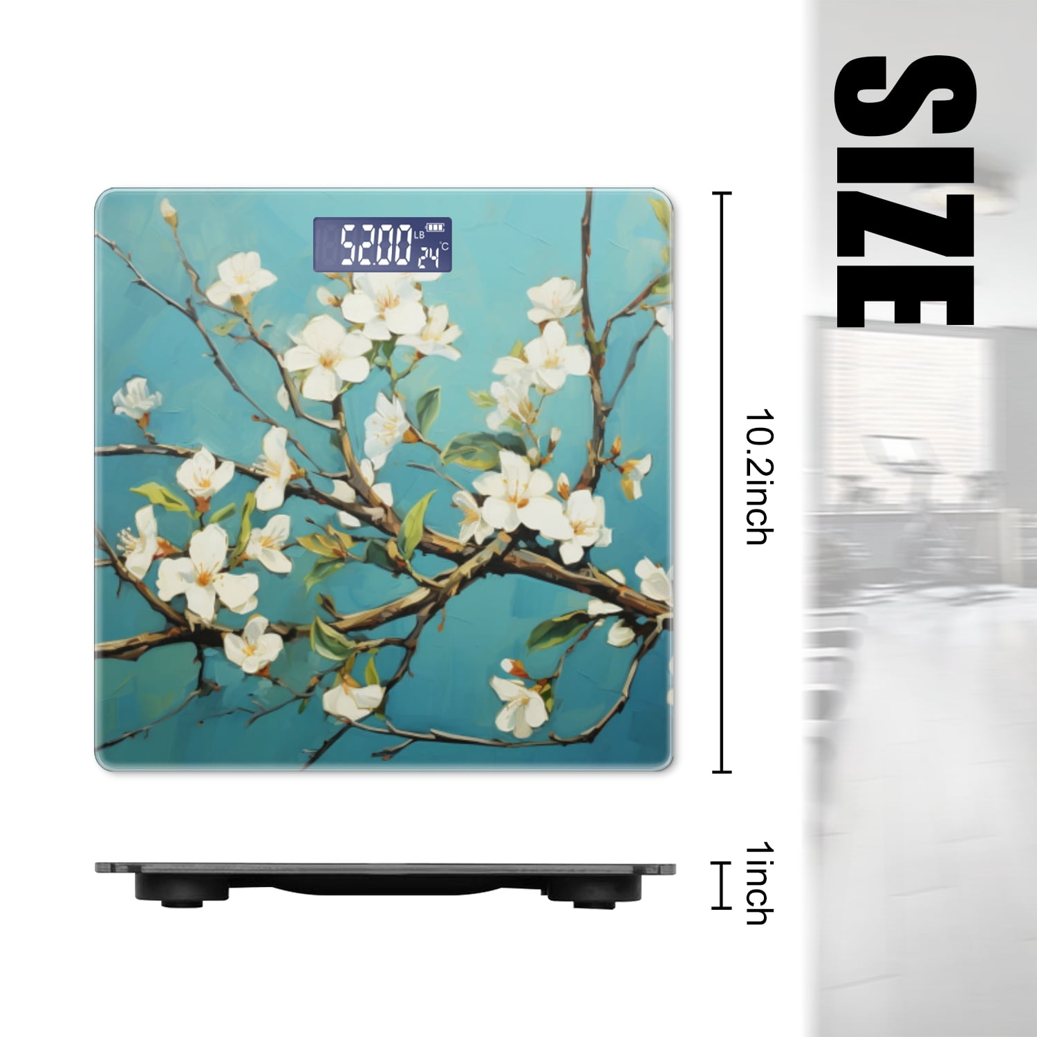 Bathroom Scale, Highly Accurate Digital Body Scale,Precisely Measures Weight up to 400 lbs-White Flowers On Tree Branches In Aqua Background