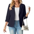 thumbnail image 3 of JWD Women's Slim Fit 3/4 Sleeve Notched Lapel Blazer - One Button Business Office Jacket with Pockets Navy Blue 16, 3 of 6