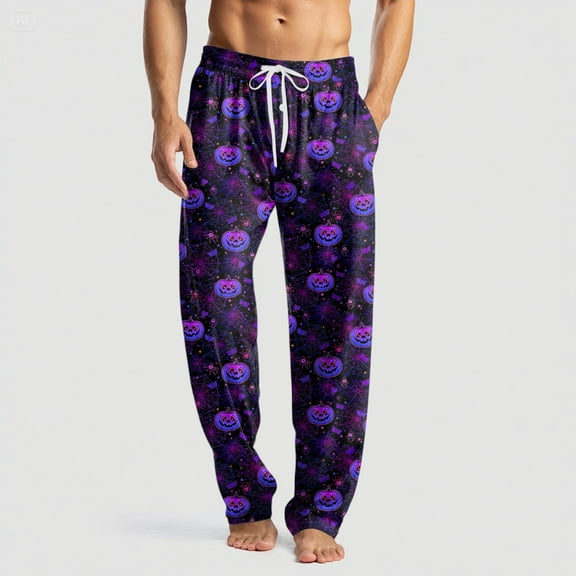 Domuza Halloween Pajama Bottoms for Men Funny Novelty Print Casual Drawstring Sleep Pants Lightweight Soft Cotton Lounge Pjs Bottoms with Pockets Dark Purple XXL
