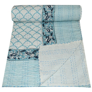Indian Hand Block Print Kantha Quilt Queen Size Quilt Kantha Throw Blanket Cotton Bedspread Boho Quilt Vintage Gudari Kantha Quilts