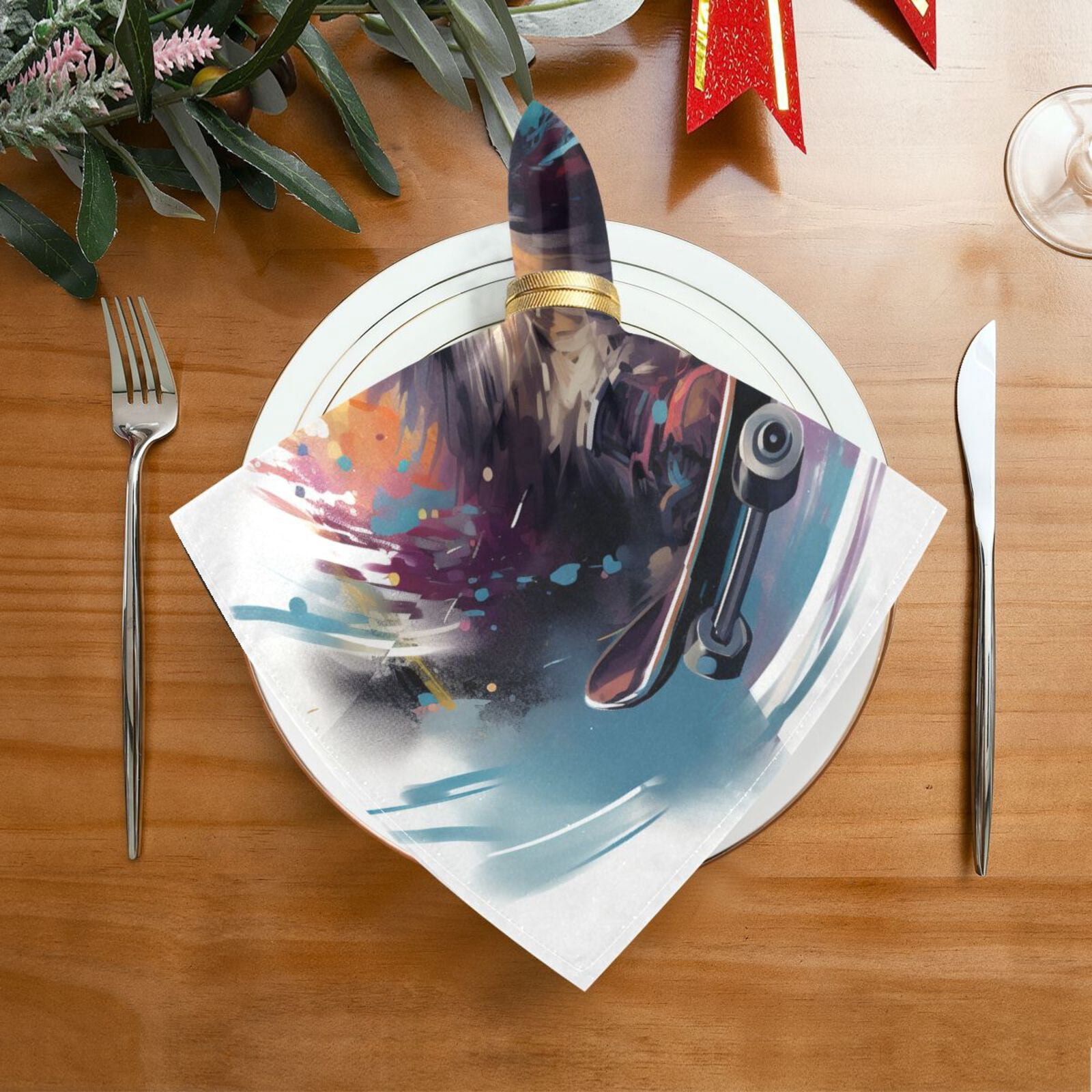 JSTEL Cat Skating Funny Cloth Napkins Set of 6, 20x20 Inch Washable and Reusable Napkin for Decoupage Dinner Party Everyday Use