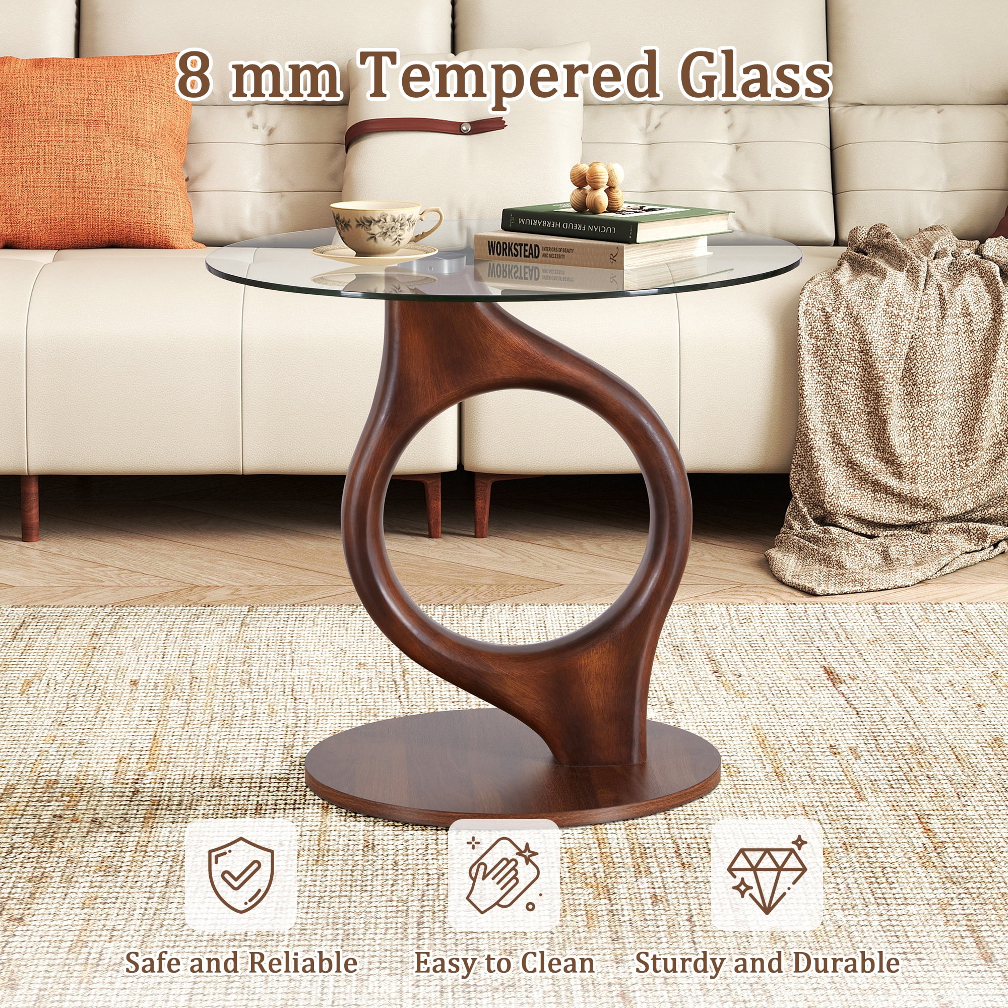 Wirrytor 27.55" Round Glass Coffee Table, Mid-Century Modern Side Table with Wood Base and Tempered Glass Top, Brown