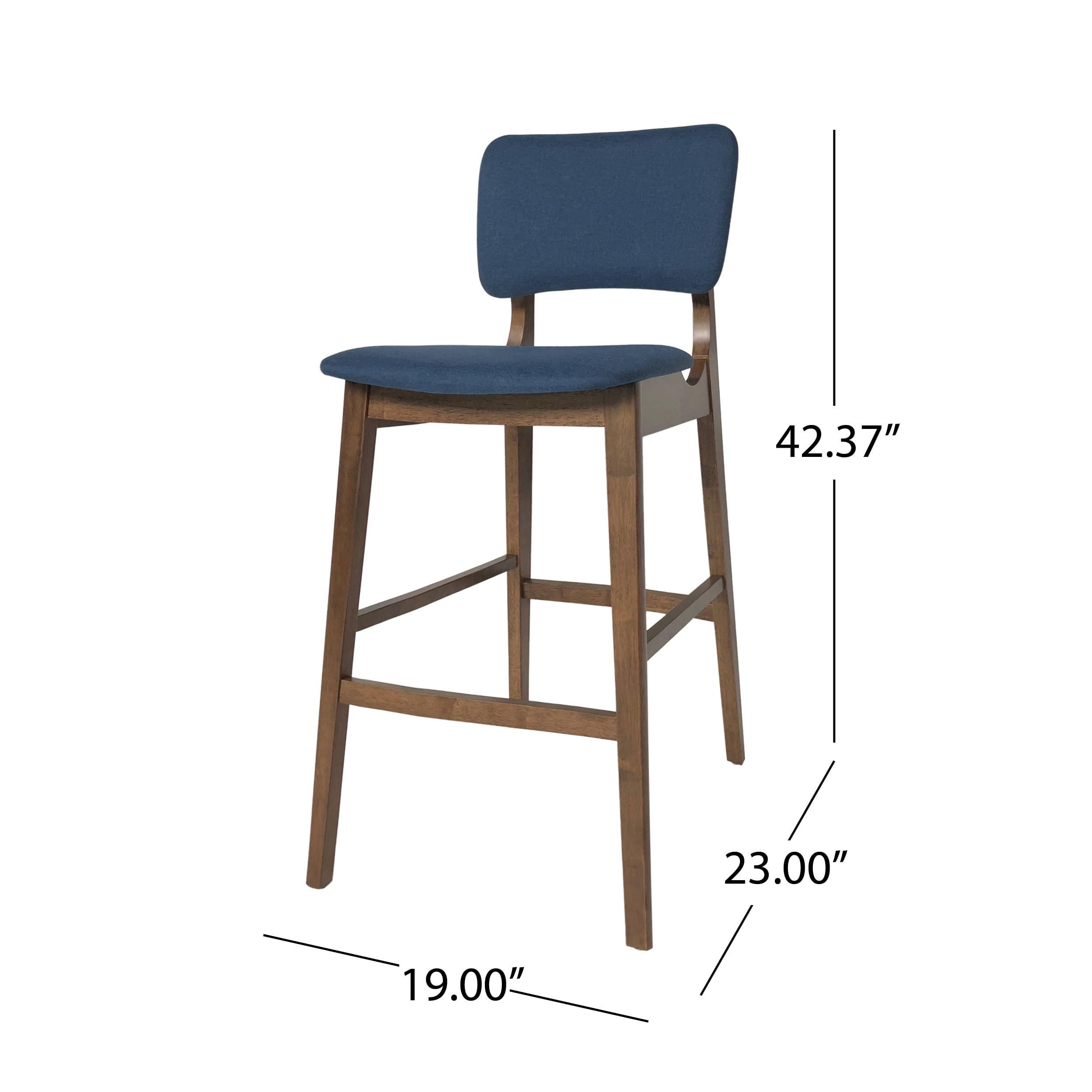 Noble House Rayan Modern 42" Wood Bar Chair, Set of 2, Dark Blue, Walnut