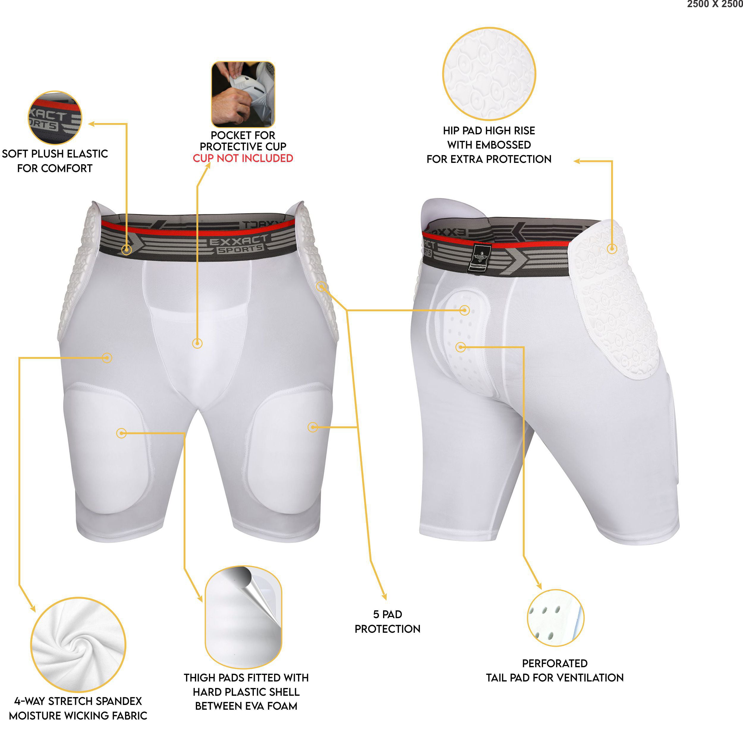 Exxact Sports 'Rebel' 5-Pad Adult Football Girdle w/Integrated Pads, w/Cup  Pocket  Compression, Integrated Football Pads and Protective Football Pads  (Adult White) (White, X-Large) 