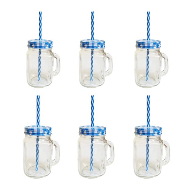 Paquete de 6 Frascos Tarros Mason De Vidrio Con Asa Elegir Tapa Drink Lab Ice Cold Liso Transparente 473ml
