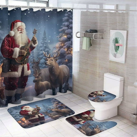 Santa Claus Reindeer Vintage 4PCS Shower Curtain Sets with Rugs with Non-Slip Bath Mat Toilet Rug,72" X 72"
