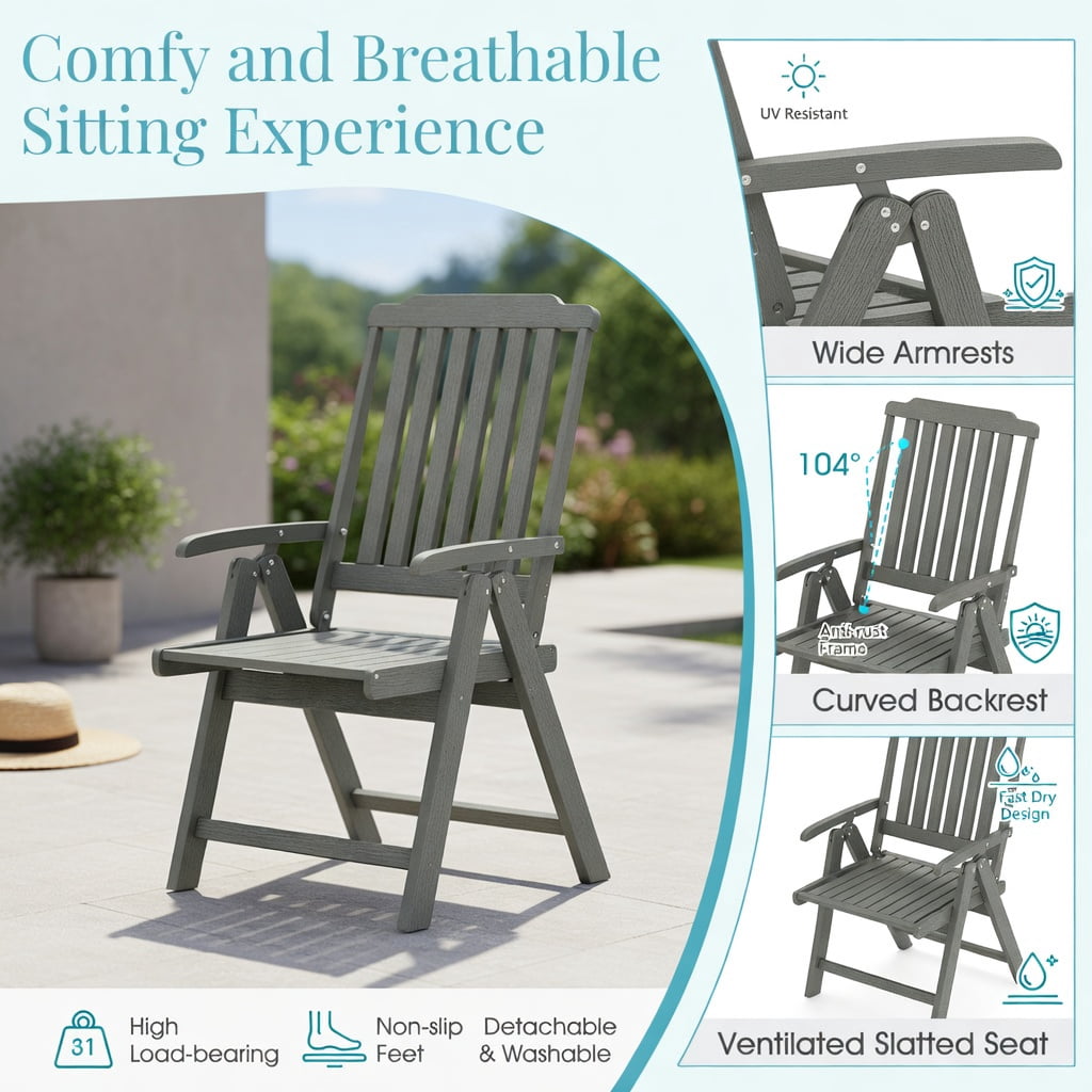 Hommoo Foldable HDPE Outdoor Patio Dining Chair with Armrests, Weatherproof, Rust-Resistant, Space-Saving Chair for Deck, Porch & Balcony, Gray