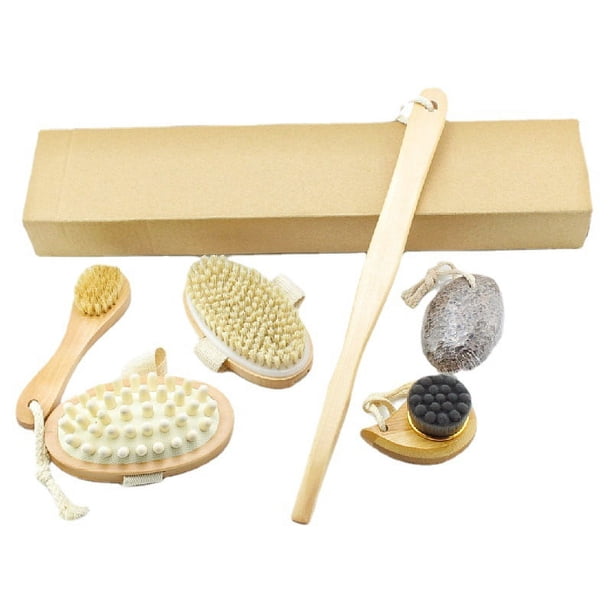 Juego de 4 cepillos para el cuerpo: cepillo largo de madera para la espalda del cuerpo del baño seco, cepillo de cerdas naturales con mango de contorno y cepillo facial
