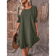 thumbnail image 4 of Vestido Corto Holgado con Mangas Abullonadas, Bajo con Volantes, Cuello Redondo, Fruncido, Color Verde , Talla L, 4 of 10